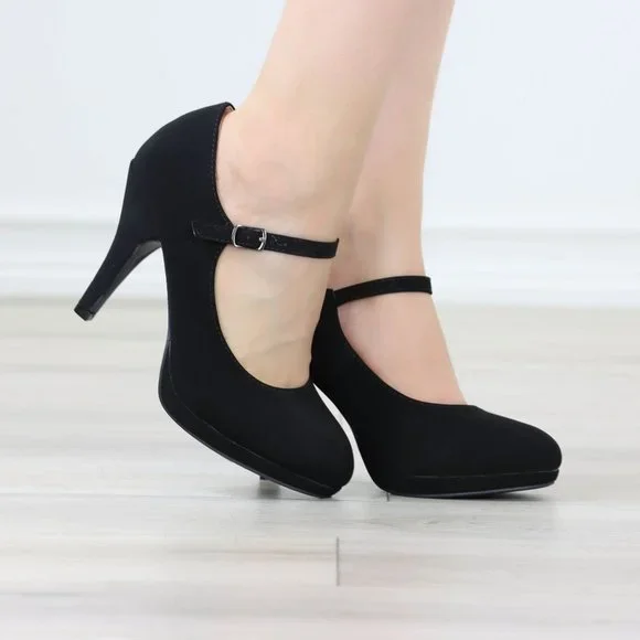 Black Rockabilly High Heels Ankle Strap Round Toe Classic Pumps Nubuck - Picture 5 of 12